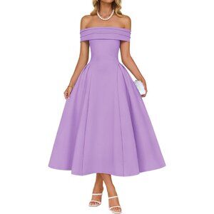 Women's Purple Elegant Off Shoulder Short Sleeve Swing A Line Midi Dress